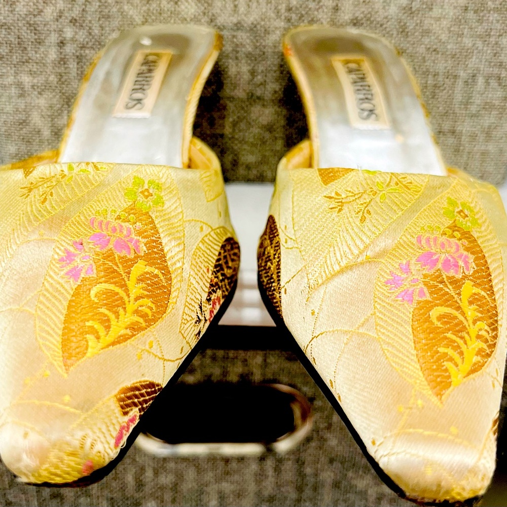 Caparros slip in mules. Golden yellow brocade fabric.